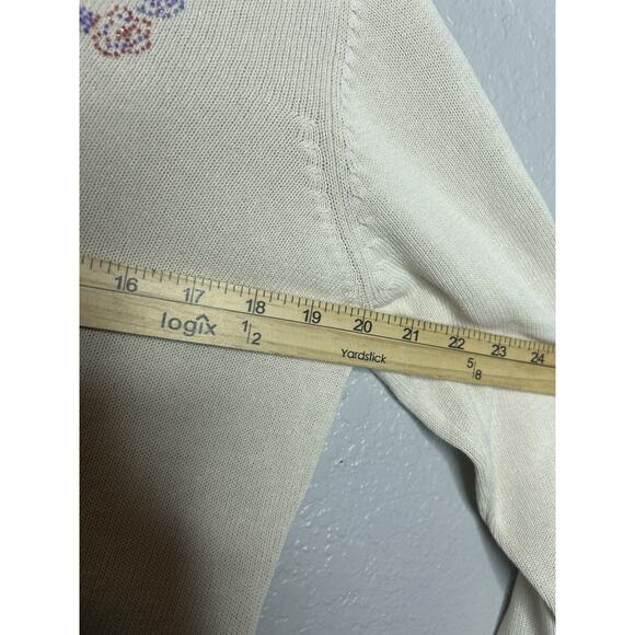 Sigrid Olsen Cotton Blend Beaded Floral Cream Sweater V Neck Vintage Size XL - Picture 6 of 9
